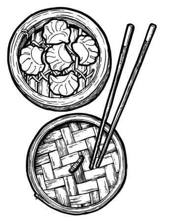 Dim sum. Black and white linear graphic. Ink hand drawing. Asian food. Chinese cuisine. Hand drawn illustration. Menu for cafe, restaurant, street festival, farmers market, poster, banner, sticker.の写真素材