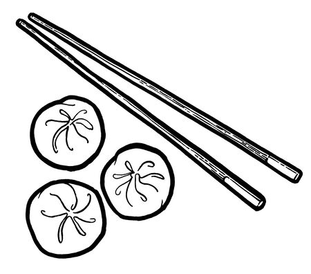 Dim sum. Black and white linear graphic. Ink hand drawing. Asian food. Chinese cuisine. Hand drawn illustration. Menu for cafe, restaurant, street festival, farmers market, poster, banner, sticker.の写真素材