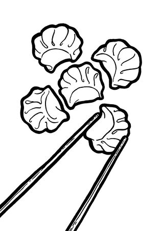 Dim sum. Black and white linear graphic. Ink hand drawing. Asian food. Chinese cuisine. Hand drawn illustration. Menu for cafe, restaurant, street festival, farmers market, poster, banner, sticker.の写真素材