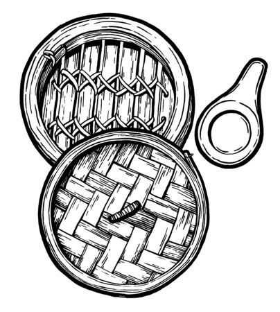 Dim sum. Black and white linear graphic. Ink hand drawing. Asian food. Chinese cuisine. Hand drawn illustration. Menu for cafe, restaurant, street festival, farmers market, poster, banner, sticker.の写真素材