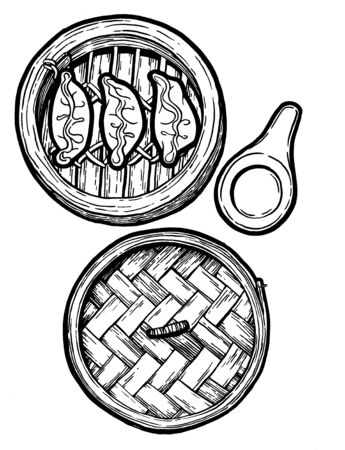 Dim sum. Black and white linear graphic. Ink hand drawing. Asian food. Chinese cuisine. Hand drawn illustration. Menu for cafe, restaurant, street festival, farmers market, poster, banner, sticker.の写真素材