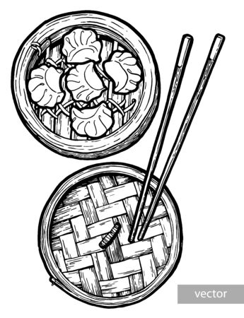 Dim sum. Black and white linear graphic. Vector. Asian food. Chinese cuisine. Hand drawn illustration. Menu for cafe, restaurant, street festival, farmers market, poster, banner, sticker.のイラスト素材