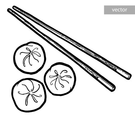 Dim sum. Black and white linear graphic. Vector. Asian food. Chinese cuisine. Hand drawn illustration. Menu for cafe, restaurant, street festival, farmers market, poster, banner, sticker.のイラスト素材