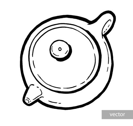 Chinese tea ceremony. Ceramic tea pot. Black and white linear graphic. Vector. Asian food. Chinese cuisine. Hand drawn illustration.のイラスト素材