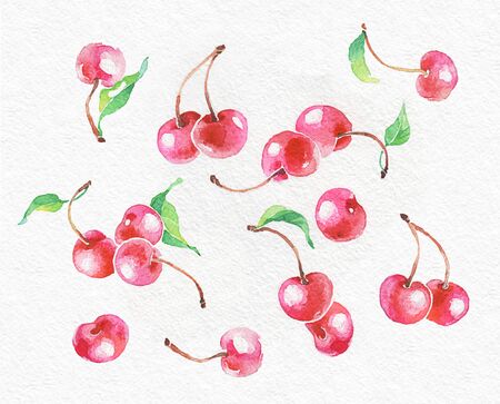 Cherry jam . Watercolor hand drawing. . Food, vegetables and fruit isolated on white background. Book illustration, recipe, menu, magazine or journal articleの写真素材