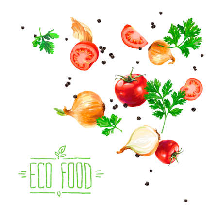 Vegetable set. Pepper, beetroot, tomato, eggplant, blob. Harvest and Thanksgiving fruit of nature, food collection for restaurants, menus, posters and grocery bags. Graphics and colorの写真素材