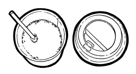 Coffee to go. Black and white linear graphic, hand drawing. Menu for cafe, restaurant, street festival, farmers marketの写真素材