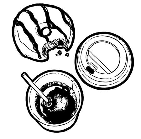 Sketchy Donuts With Sprinkles. Black and white linear graphic, hand drawing. Menu for cafe, restaurant, street festival, farmers marketの写真素材