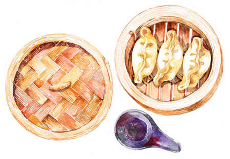 Dim sum. Black and white linear graphic. Ink hand drawing. Asian food. Chinese cuisine. Hand drawn illustration. Menu for cafe, restaurant, street festival, farmers market, poster, banner, sticker.の写真素材