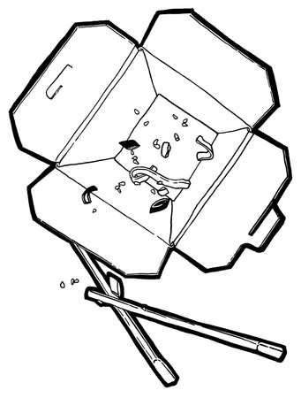 Buckwheat noodles, box, wok, chopsticks, meet, fish . Black and white linear graphic. Ink hand drawing. Asian food.の写真素材