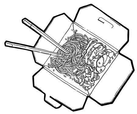Buckwheat noodles, box, wok, chopsticks, meet, fish . Black and white linear graphic. Ink hand drawing. Asian food.の写真素材