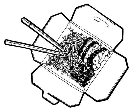 Buckwheat noodles, box, wok, chopsticks, meet, fish . Black and white linear graphic. Ink hand drawing. Asian food.の写真素材