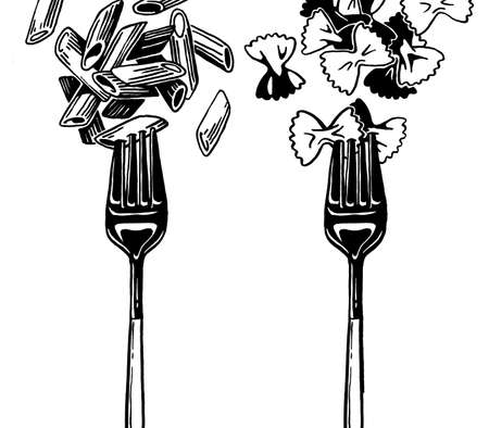 Paste fettuccine, papardelle, tagliatelle, penne, fork. Ink hand drawing. Black and white. Food, vegetables and fruit isolated on white background.の写真素材