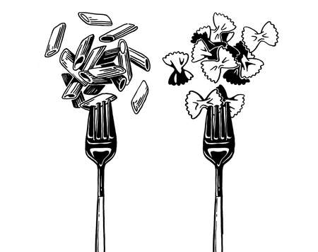 Paste fettuccine, papardelle, tagliatelle, penne, fork. Ink hand drawing. Black and white. Food, vegetables and fruit isolated on white background.の写真素材