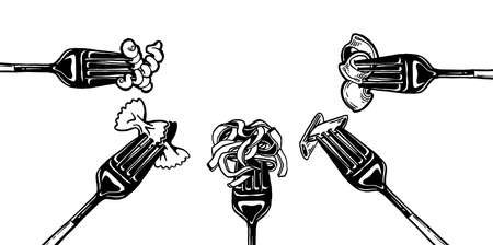 Paste fettuccine, papardelle, tagliatelle, penne, fork. Ink hand drawing. Black and white. Food, vegetables and fruit isolated on white background.の写真素材