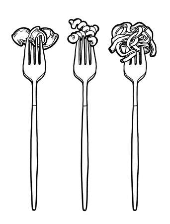 Paste fettuccine, papardelle, tagliatelle, penne, fork. Ink hand drawing. Black and white. Food, vegetables and fruit isolated on white background.の写真素材