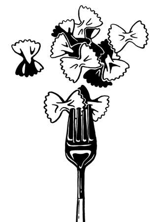 Paste fettuccine, papardelle, tagliatelle, penne, fork. Ink hand drawing. Black and white. Food, vegetables and fruit isolated on white background.の写真素材