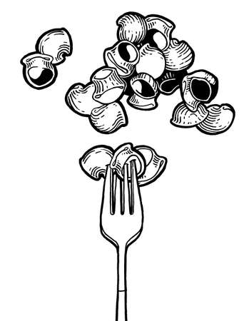 Paste fettuccine, papardelle, tagliatelle, penne, fork. Ink hand drawing. Black and white. Food, vegetables and fruit isolated on white background.の写真素材