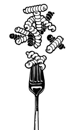 Paste fettuccine, papardelle, tagliatelle, penne, fork. Ink hand drawing. Black and white. Food, vegetables and fruit isolated on white background.の写真素材