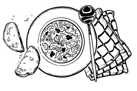 Minestrone soup in a plate, spoon, checkered napkin, bread, breadcrumbs, croutons. Food isolated on white background. Book illustration, recipe, menu, magazine or journal articleの写真素材