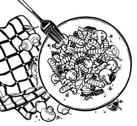 Paste fettuccine, papardelle, tagliatelle with tomato, spinach, mushrooms, black pepper, peas in a plate with a napkin and fork. Top view. Ink hand drawing. Food isolated on white background.の写真素材