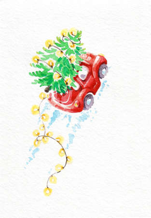 Watercolor postcard. Christmas tree with red toy car isolated background. Garlands, lights, Christmas decorations, Snow road, tire tracks. Retro vintage. Top view.の写真素材