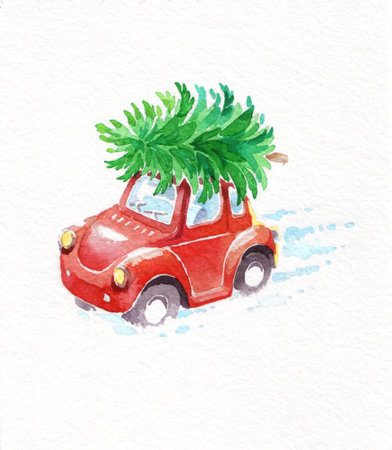 Watercolor postcard. Christmas tree with red toy car isolated background. Garlands, lights, Christmas decorations, Snow road, tire tracks. Retro vintage.の写真素材