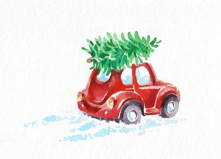 Watercolor postcard. Christmas tree with red toy car isolated background. Garlands, lights, Christmas decorations, Snow road, tire tracks. Retro vintage.の写真素材