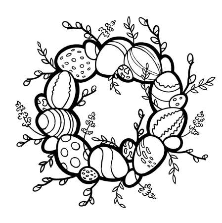 Watercolor easter wreath, painted colored eggs, willow branches, spring shoots, lavender, rustic style. Eco farming. Easter themed template for postcards, posters. Isolated on white backgroundの写真素材