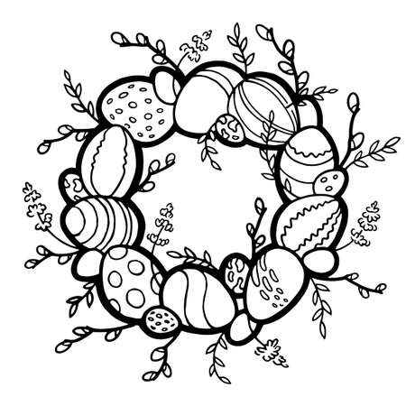 Watercolor easter wreath, painted colored eggs, willow branches, spring shoots, lavender, rustic style. Eco farming. Easter themed template for postcards. Isolated on white background. Vectorのイラスト素材