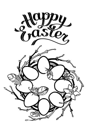 Watercolor easter wreath, painted colored eggs, willow branches, spring shoots, lavender, rustic style. Eco farming. Easter themed template for postcards. Isolated on white background. Vectorのイラスト素材