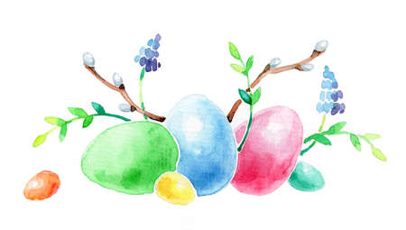 Watercolor easter wreath, painted colored eggs, willow branches, spring shoots, lavender, rustic style. Eco farming. Easter themed template for postcards, posters. Isolated on white backgroundの写真素材