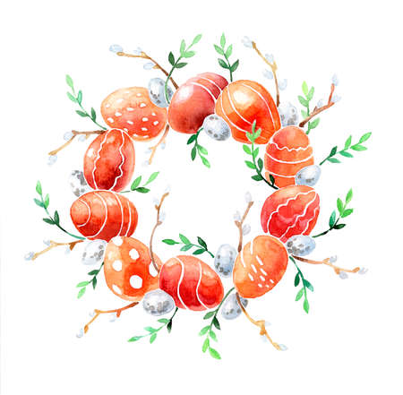 Watercolor easter wreath, painted colored eggs, willow branches, spring shoots, lavender, rustic style. Eco farming. Easter themed template for postcards, posters. Isolated on white backgroundの写真素材