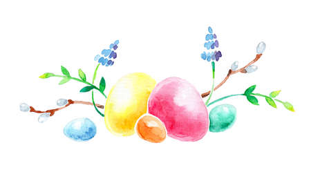 Watercolor easter wreath, painted colored eggs, willow branches, spring shoots, lavender, rustic style. Eco farming. Easter themed template for postcards, posters. Isolated on white backgroundの写真素材