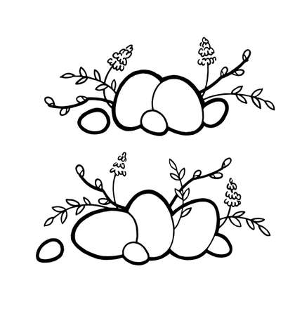 Black and white easter wreath, eggs, willow branches, spring shoots, lavender, rustic style. Lettering. Text russian and english. Eco farming. Isolated on white background. Vectorのイラスト素材