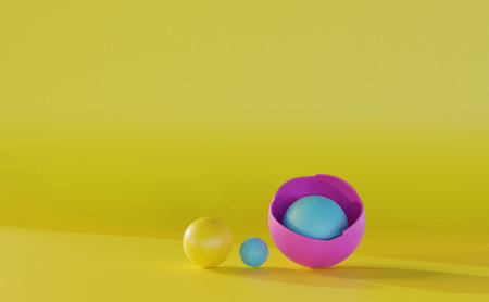 Abstract 3d render,Multicolored stone form on a stylish background. 3d rendering.of composition with yellow spheres, modern background designの写真素材
