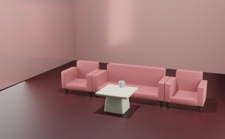 3D render. Relaxing room corner with modern red sofa on a beautiful background.の写真素材