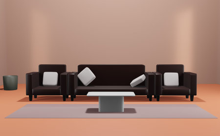 3d render. Relaxing room corner with modern brown sofa on a beautiful background.の写真素材