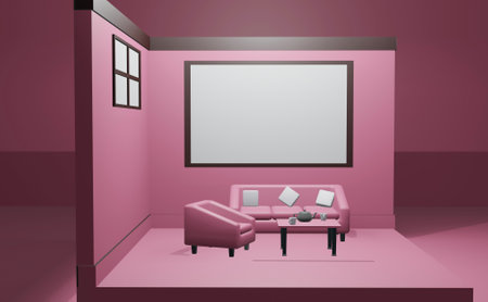 3D render. Relaxing room corner with modern red sofa on a beautiful background.の写真素材