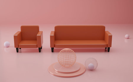 3D render. Relaxing room corner with modern red sofa on a beautiful background.