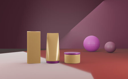 3d render of podium for product presentation with purple and pink ballsの写真素材