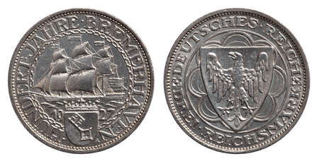 Germany silver coin 3 mark Weimar republic 1927, front side sailing ship, reverse eagleの写真素材