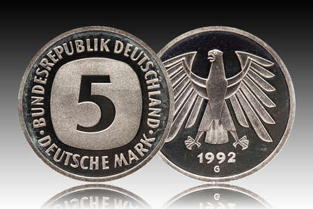 Germany german coin five 5 marks, circulation coin, small change, minted 1992の写真素材