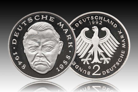 Germany german coin five 2 marks, proof coin, small change, minted 1992, background gradientの写真素材