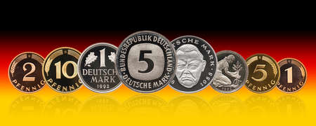 Germany German mark coins set, pfennig, background gradientの写真素材