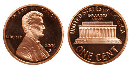 American one cent coin isolated on white backgroundの写真素材