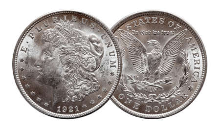 US Morgan Silver Dollar coin minted 1921, isolated on white backgroundの写真素材