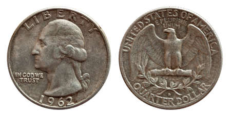 United States money quarter dollar coin silver, 25 cents isolated on whiteの写真素材