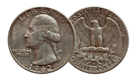 United States money quarter dollar coin silver, isolated on whiteの写真素材