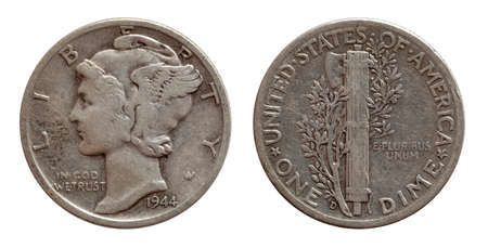 Dime ten cents US coin silver both sides isolated on whiteの写真素材